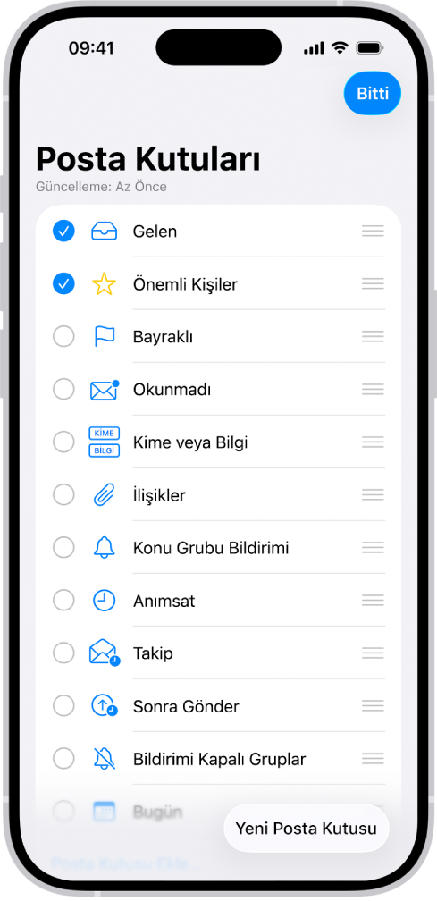 Posta Kutuları düzenleme ekranı. İsteğe bağlı posta kutuları yukarıdan aşağıya, her bir seçeneğin solunda bir onay kutusu ile listeleniyor. Ekranın sağ alt köşesinde Yeni Posta Kutusu etiketli bir düğme var.