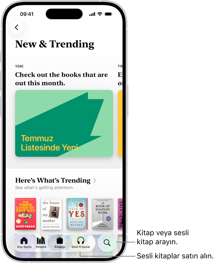 Kitaplar uygulamasında Kitapçı ekranı. Ekranın en altında soldan sağa doğru Ana Sayfa, Kitaplık, Kitapçı, Sesli Kitaplar ve Ara sekmeleri var. Kitapçı sekmesi seçili.