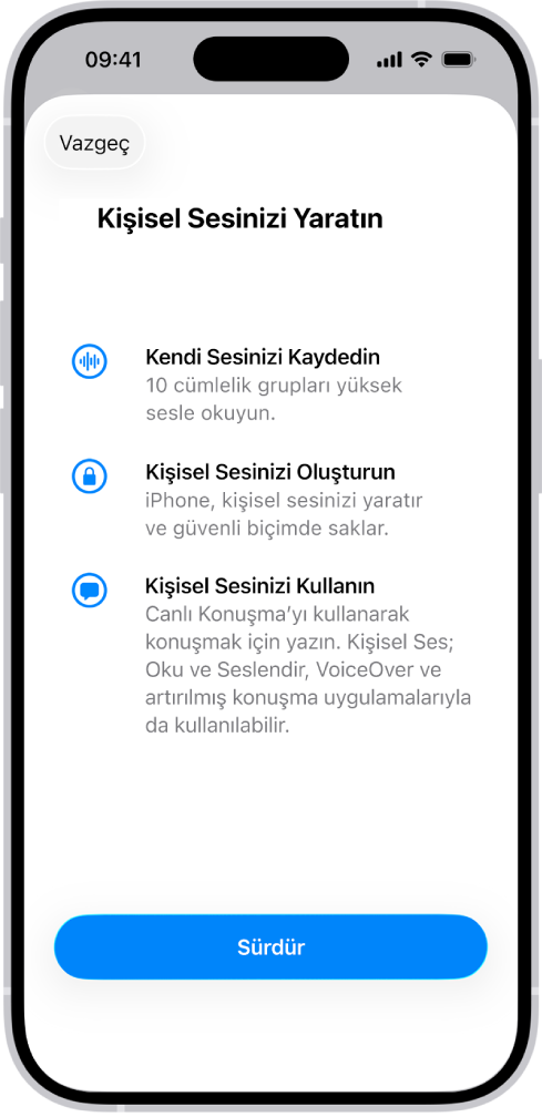 Kişisel ses yaratmayla ilgili bilgiler gösteren bir iPhone.