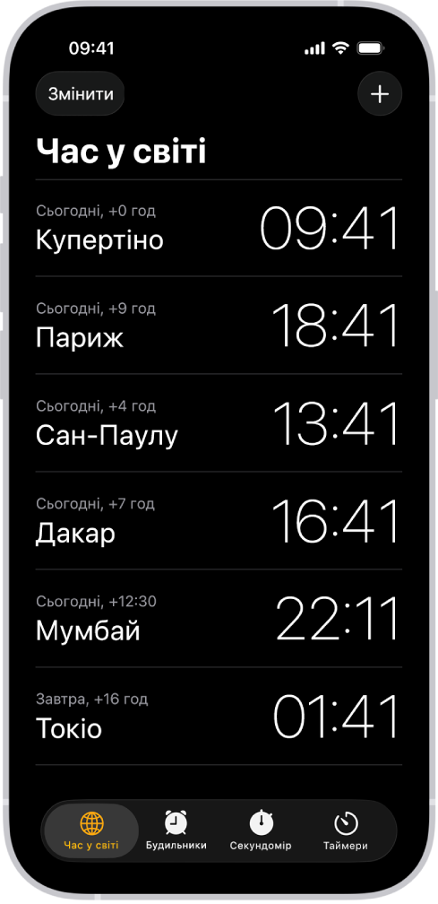 Вкладка «Час у світі» показує час в різних містах. Кнопка «Змінити» у верхньому лівому куті дає змогу перевпорядкувати чи видалити годинники. Кнопка «Додати» у верхньому правому куті дає змогу додати інші годинники. У нижній частині — кнопки «Час у світі», «Будильник», «Секундомір» і «Таймери».