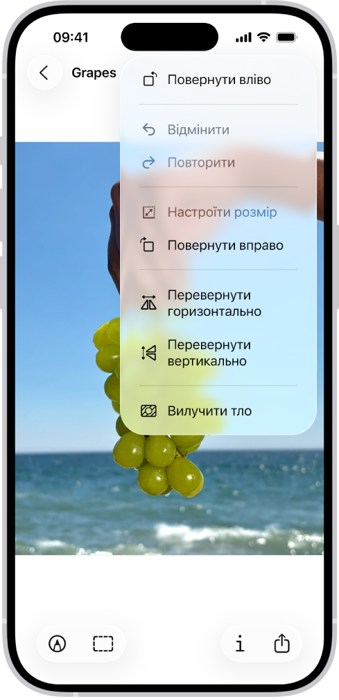 Екран із зображенням винограду на передньому плані. Меню містить параметр «Вилучити тло». Унизу екрана — кнопки «Розмітити», «Обітнути», «Інформація» та «Поширити».