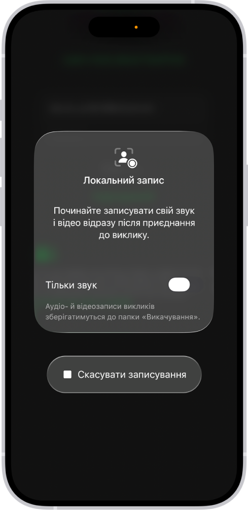 Екран для початку локального записування аудіо й відео з вашого боку відеоконференції.