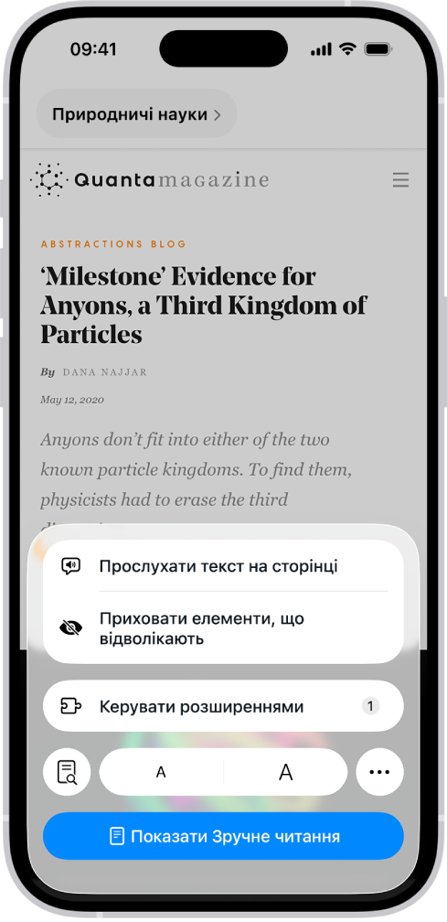 У Safari торкнули кнопку «Меню сторінки» на вебсайті; видно список опцій, зокрема «Приховування елементів, що відволікають».