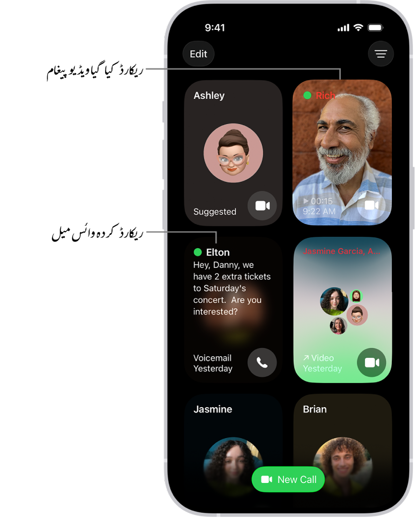 ‏FaceTime کال کی سرگزشت، جس میں تجویز کردہ رابطہ، ریکارڈ شدہ ویڈیو پیغام، وائس میل اور FaceTime کی گروپ ویڈیو کال دکھائی جا رہی ہے۔