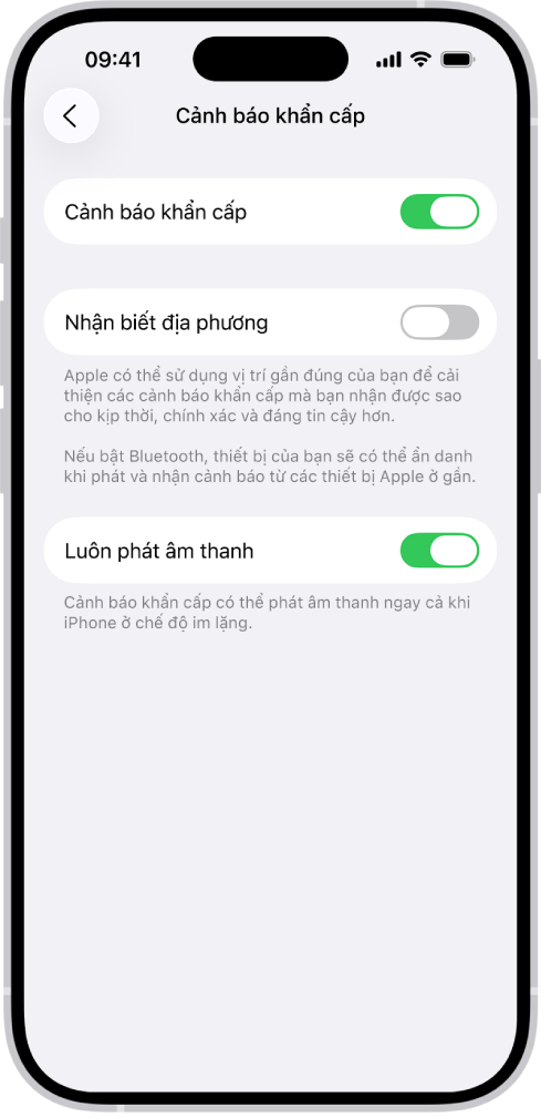 Màn hình Cảnh báo khẩn cấp, với Cảnh báo khẩn cấp, Nhận biết địa phương và Luôn phát âm thanh được bật.