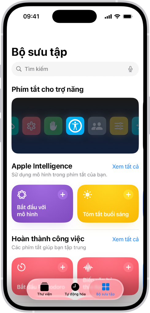 Màn hình Bộ sưu tập trong ứng dụng Phím tắt với một trường tìm kiếm ở trên cùng. Bên dưới là ba bộ sưu tập: Phím tắt cho trợ năng, Hoàn thành công việc và Phím tắt nhanh. Ở cuối màn hình là các nút Phím tắt, Tự động hóa và Bộ sưu tập. Bộ sưu tập được chọn.