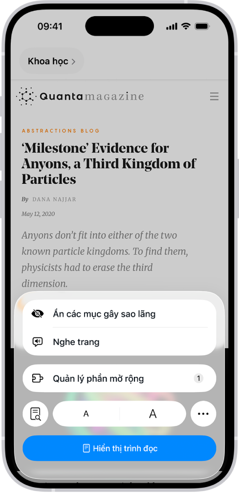 Một trang web đang mở trong Safari, với trường địa chỉ cho thấy Trình đọc khả dụng cho trang web.