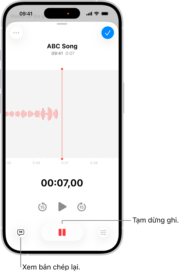 Một bản ghi của ứng dụng Ghi âm, đang hiển thị dạng sóng của bản ghi đang diễn ra, cùng với một chỉ báo thời gian và một nút để tạm dừng quá trình ghi.