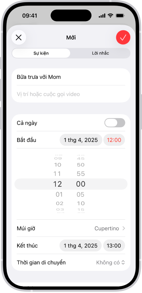 Một sự kiện lịch đang hiển thị cài đặt cho thời gian và múi giờ của sự kiện.