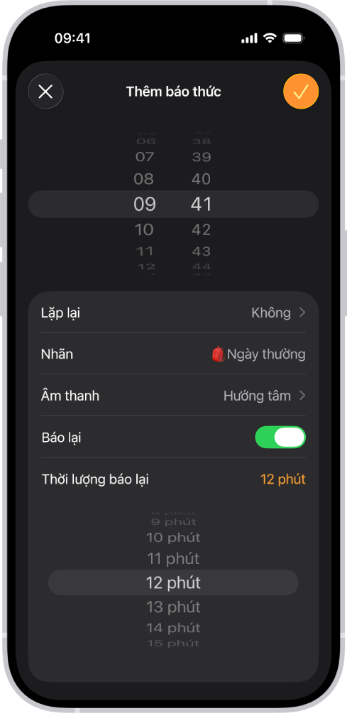 Màn hình Thêm báo thức trong ứng dụng Đồng hồ. Tùy chọn Báo lại được bật và Thời lượng báo lại được đặt thành thời gian tùy chỉnh là 12 phút.