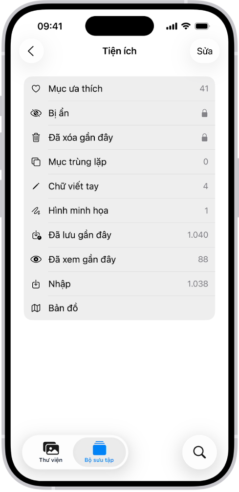 Trong ứng dụng Ảnh, bộ sưu tập Tiện ích đang mở, hiển thị danh sách các bộ sưu tập ảnh.