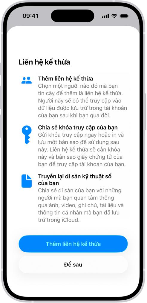 Màn hình Thêm liên hệ khôi phục đang hiển thị các liên hệ được gợi ý để chọn làm liên hệ khôi phục và tùy chọn để lựa chọn người khác.
