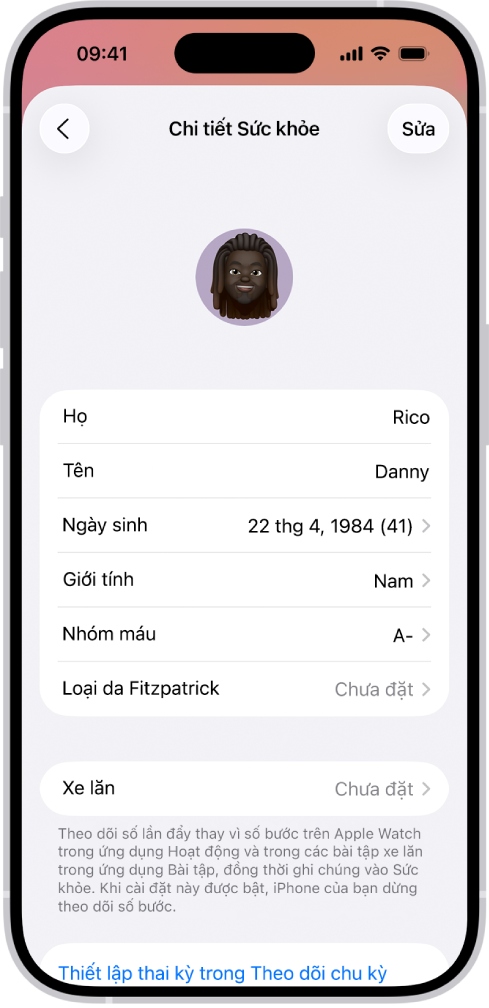 Màn hình Chi tiết sức khỏe, bao gồm các trường cho tên, ngày sinh, nhóm máu và các thông tin khác.