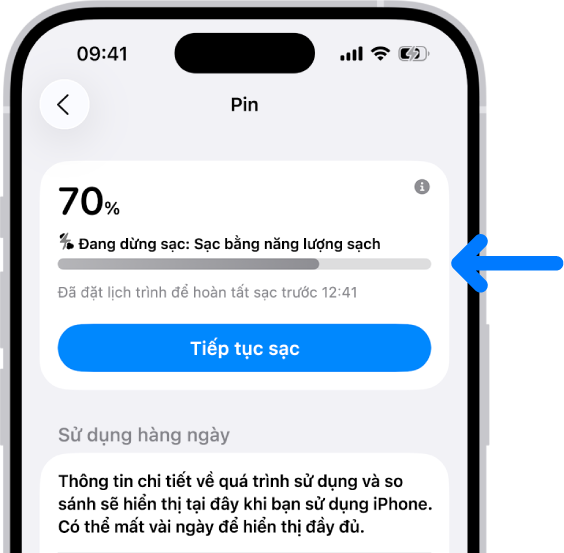 Thẻ thông tin sạc trong cài đặt Pin iPhone. Thẻ hiển thị pin ở mức 70% với thông báo “Đang dừng sạc: Sạc bằng năng lượng sạch”. Quá trình sạc được đặt lịch trình để hoàn tất trước 12:41, với tùy chọn “Tiếp tục sạc”.