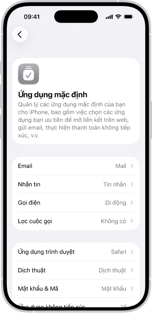Màn hình để thay đổi ứng dụng mặc định cho việc gửi email, duyệt web, v.v.