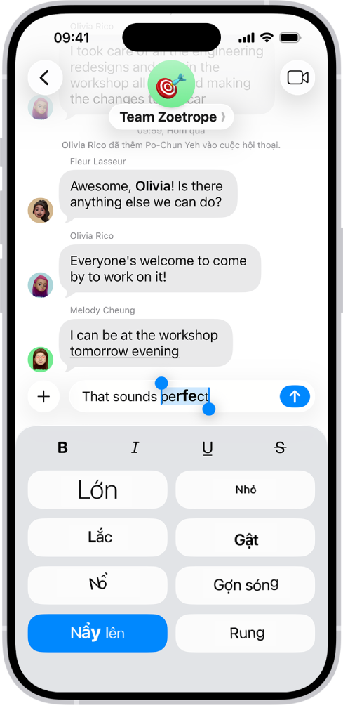 Một cuộc hội thoại Tin nhắn với tin nhắn mới được chọn trong trường văn bản, các tùy chọn định dạng và hiệu ứng hiển thị bên dưới. Văn bản đã chọn xuất hiện với bản xem trước hiệu ứng.