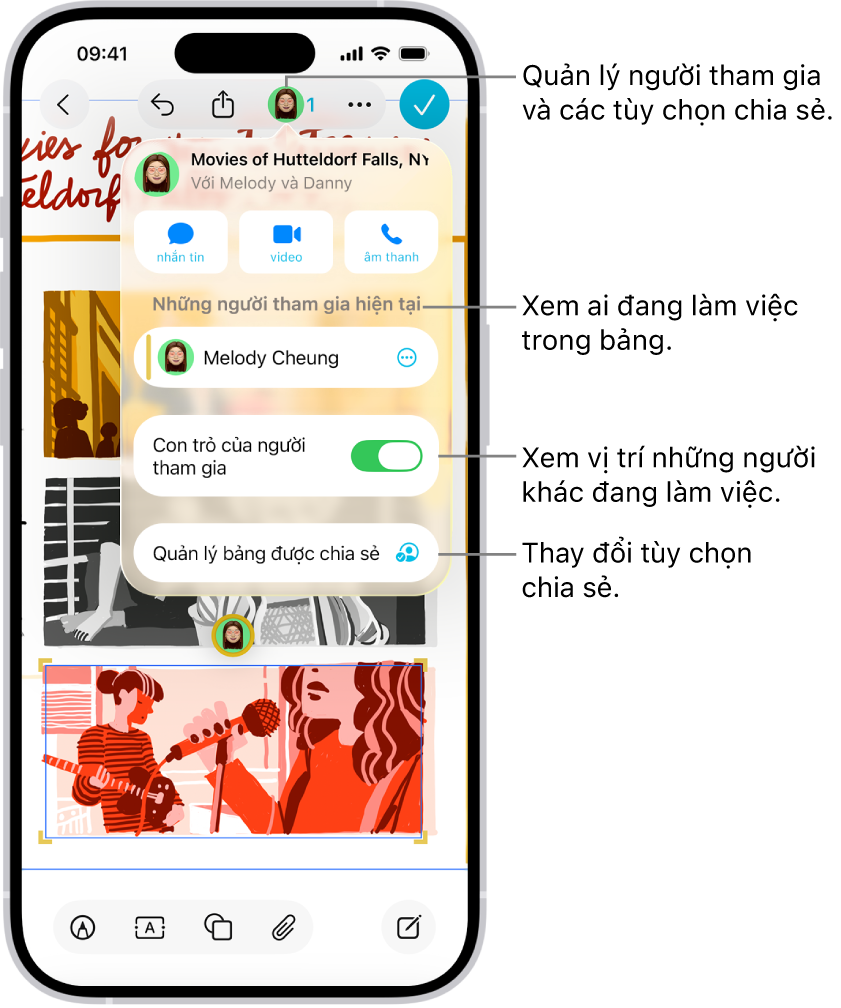 Một bảng Freeform được chia sẻ trên iPhone với menu cộng tác được mở.