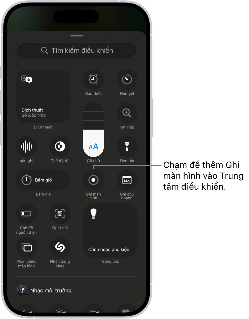 Một màn hình đang hiển thị các điều khiển mà bạn có thể thêm vào Trung tâm điều khiển. Điều khiển Ghi màn hình ở gần chính giữa.
