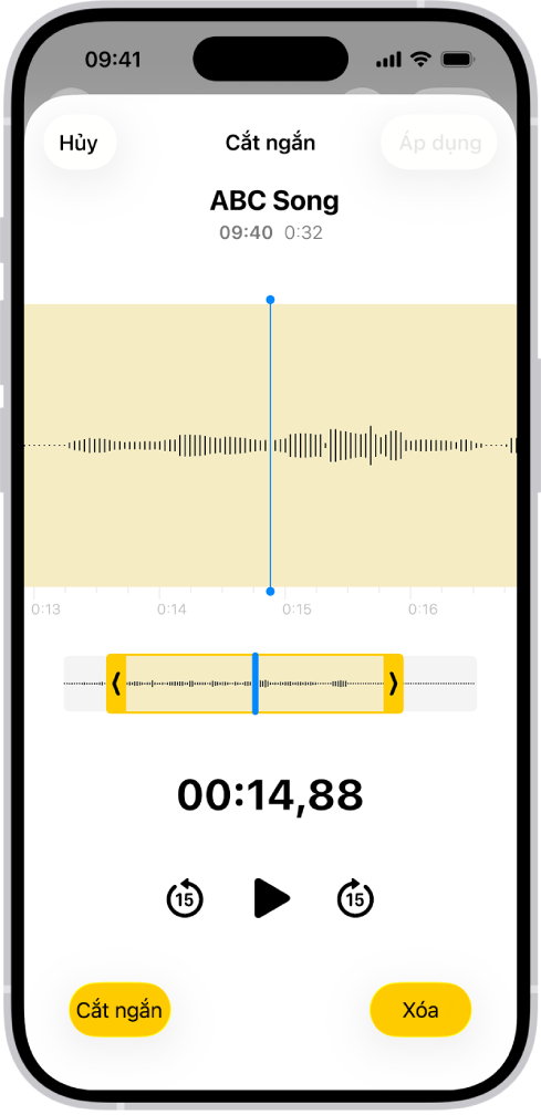 Một bản ghi đang được sửa với các điều khiển cắt xén màu vàng đang bao quanh một phần dạng sóng âm thanh ở cuối màn hình. Nút Phát và bộ đếm giờ bản ghi xuất hiện phía dưới dạng sóng. Các điều khiển cắt xén nằm bên dưới nút Phát. Ở hai bên của nút Phát là nút Cắt xén (để xóa phần bản ghi ở bên ngoài các điều khiển) và nút Xóa (để xóa phần bản ghi bên trong các điều khiển).