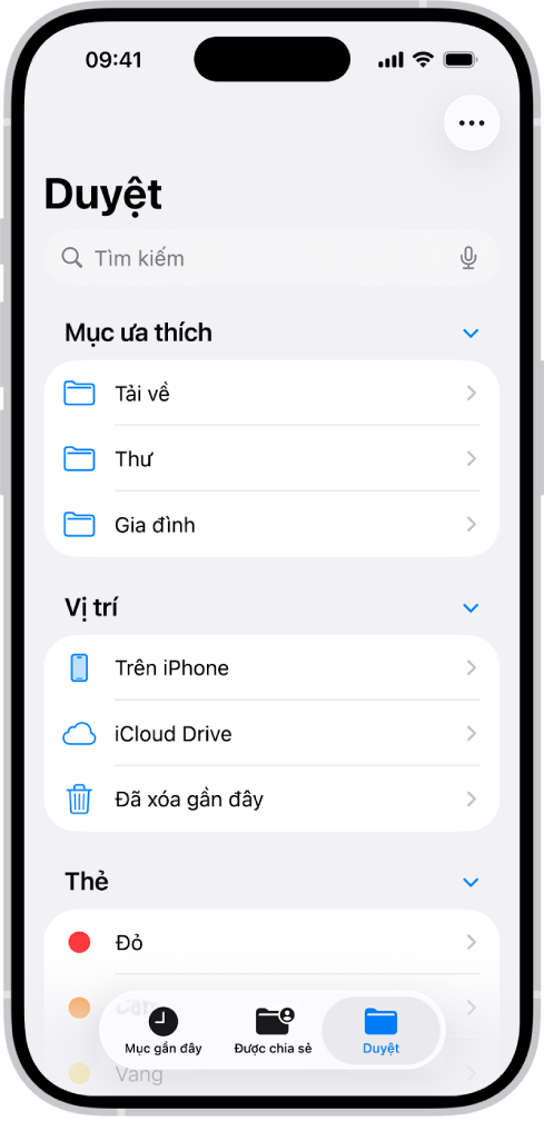 Ứng dụng Tệp đang hiển thị nhiều thư mục và vị trí có tên là Tải về, Thư, Gia đình, v.v. Ở cuối màn hình là các nút cho tệp Gần đây, tệp Được chia sẻ và tab Duyệt.
