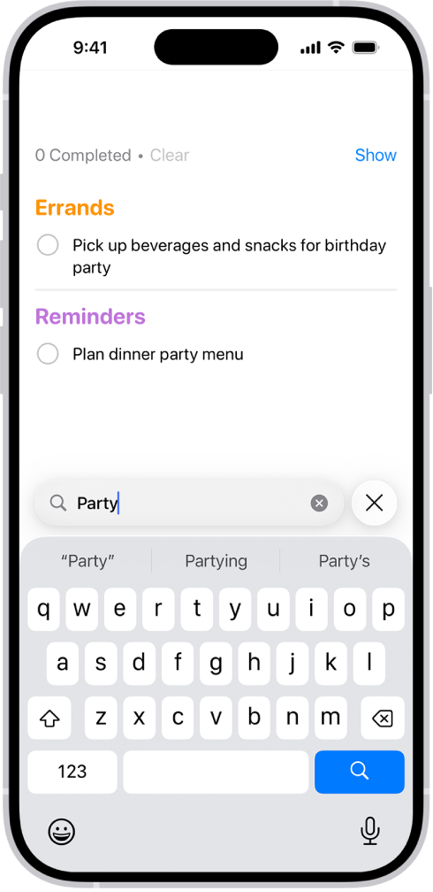 「提醒事項」App 的搜尋結果顯示包括「party」一字的任務。