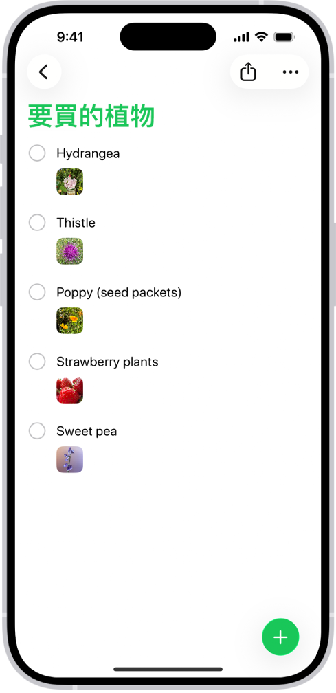 「提醒事項」App 顯示一個列表,每個提醒事項中都有照片。