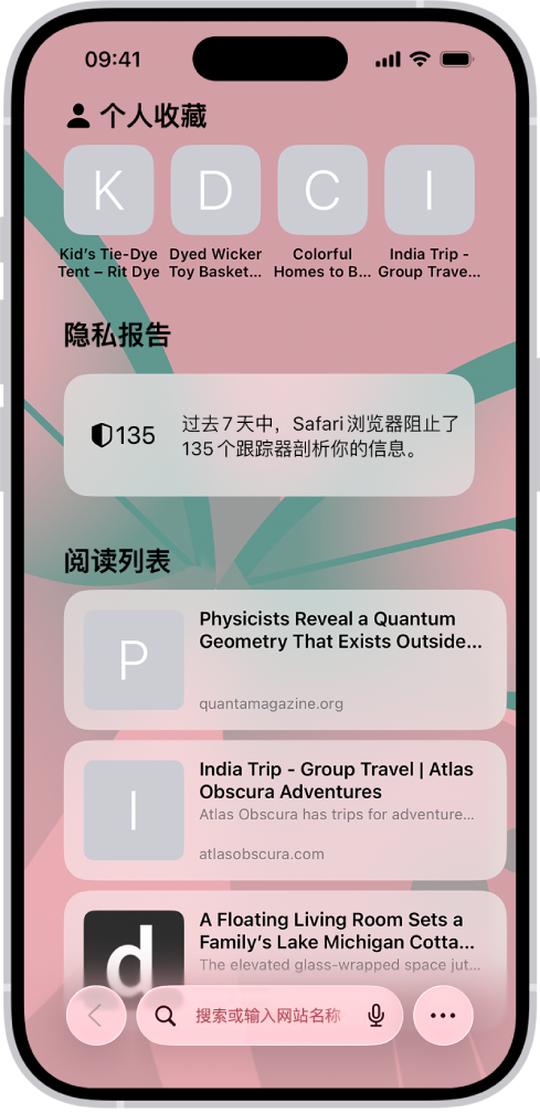 Safari 浏览器的起始页,显示个人收藏网站、隐私报告和已存至阅读列表的网站。