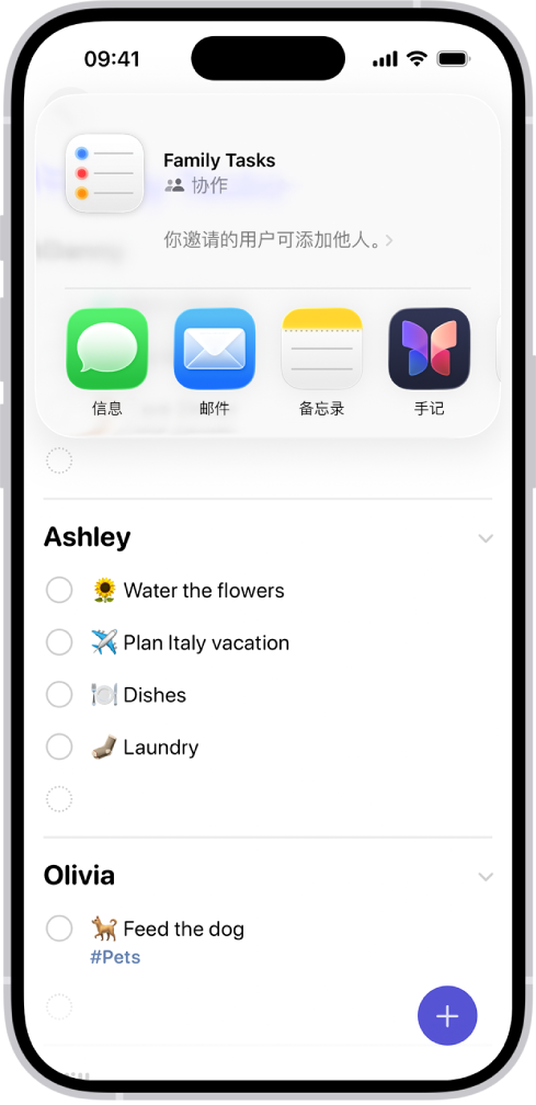 “提醒事项”屏幕显示日常采购清单,底部是用于共享的选项。
