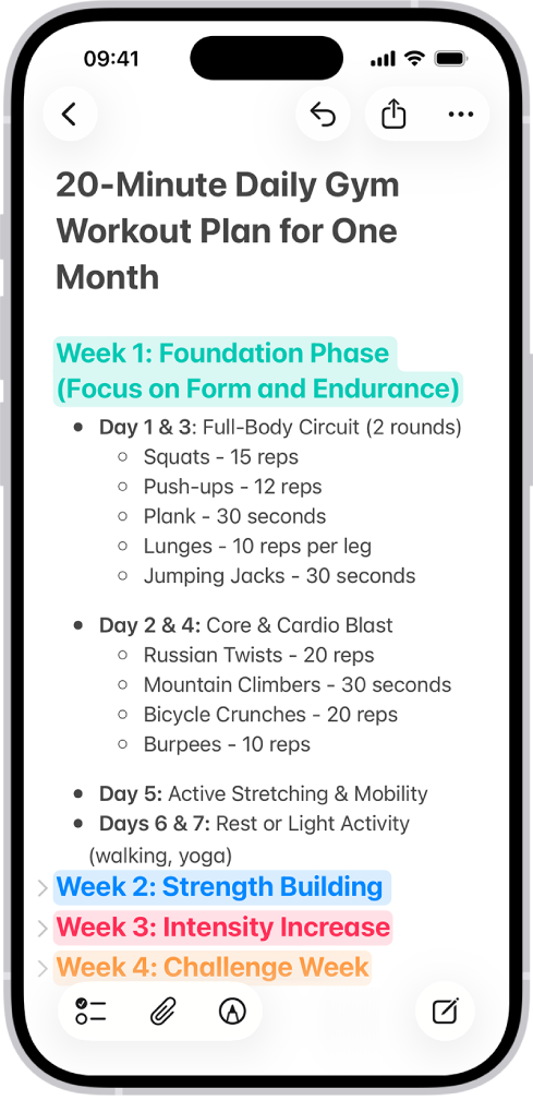 “备忘录” App 中的备忘录，屏幕顶部显示可收起的小标题。