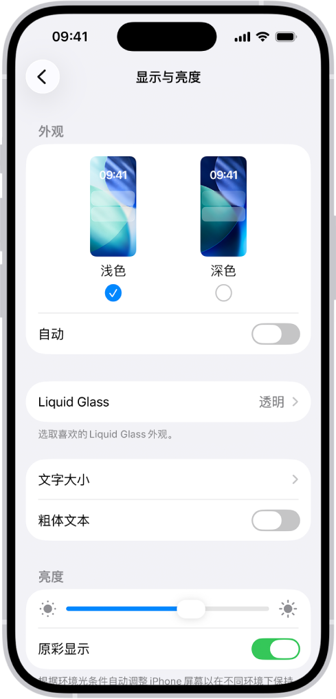 “设置”中的“显示与亮度”屏幕。