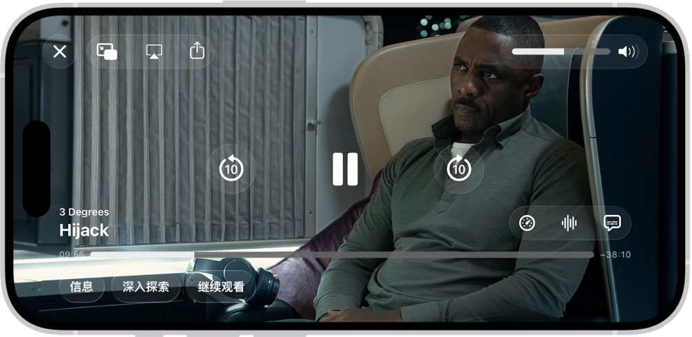 正在播放的电视节目,其中控制可见。左上方是“关闭”、“画中画”、“隔空播放”和“共享”按钮。音量滑块位于右上方。中央是快退 10 秒、暂停和快进 10 秒的按钮。沿底部中央是一个滑块,可拖移以调整视频位置;已播放时间和剩余时间显示在滑块两侧。右下方是“信息”和“继续观看”按钮。