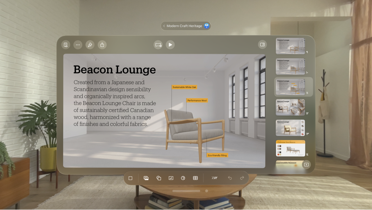 تطبيق Keynote على Apple Vision Pro، يُظهر عرضًا تقديميًا مفتوحًا في عرض التعديل، مع ظهور شريط الأدوات في الأسفل.