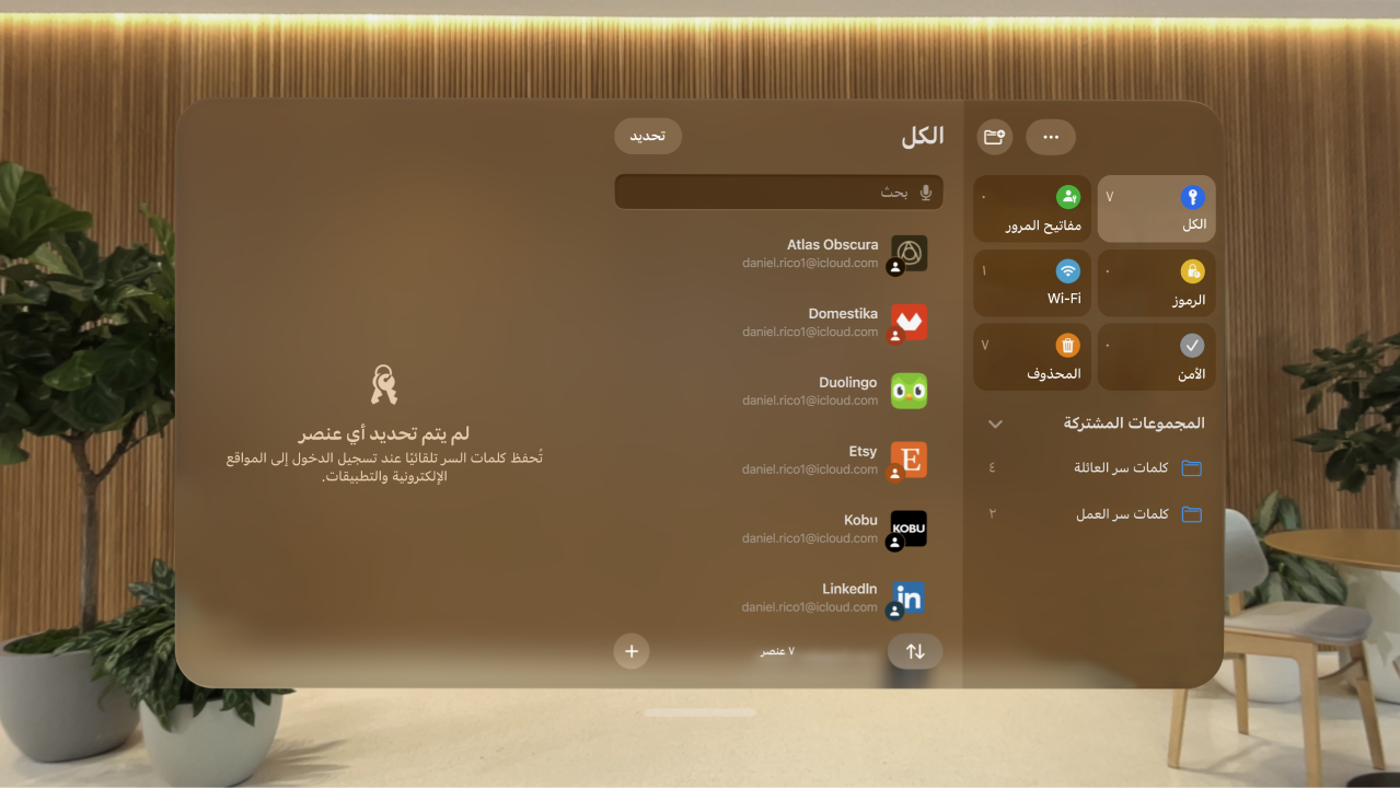 تطبيق كلمات السر على Apple Vision Pro. الحسابات مُرتبة أبجديًا.