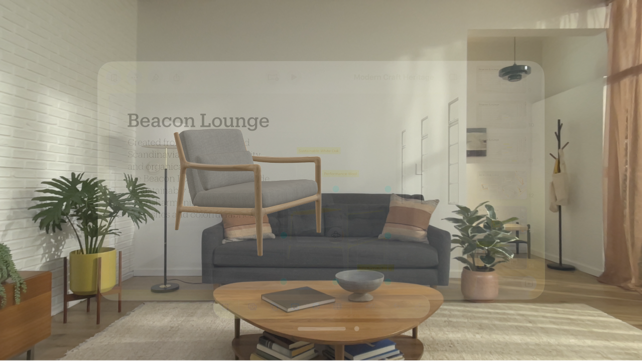 تطبيق Keynote على Apple Vision Pro، يعرض عنصرًا ثلاثي الأبعاد في منتصف النافذة.