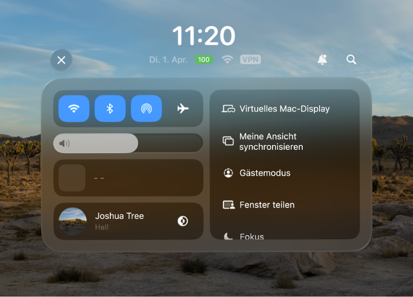 Das Kontrollzentrum auf der Apple Vision Pro mit einem Schieberegler für die Lautstärke oben links.