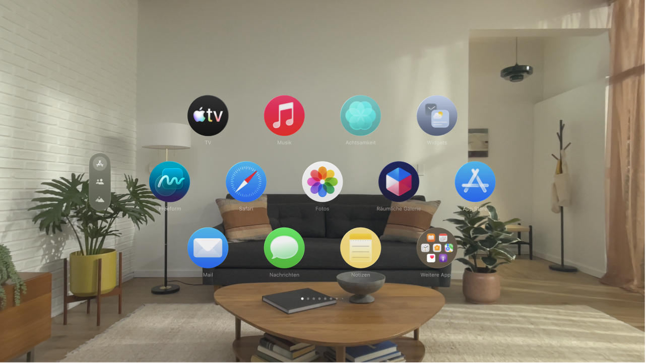 Die Apps-Ansicht auf der Apple Vision Pro mit der ersten Seite der Apps.