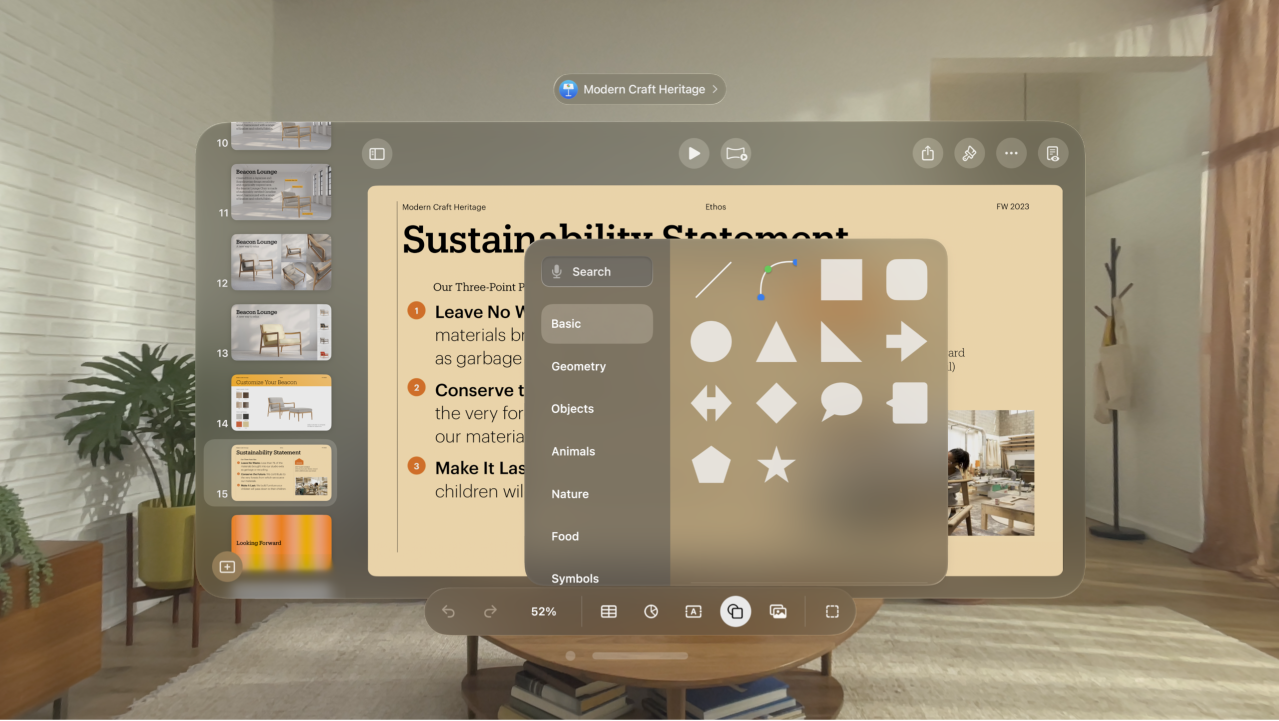 The Keynote app on Apple Vision Pro, showing the shapes library.