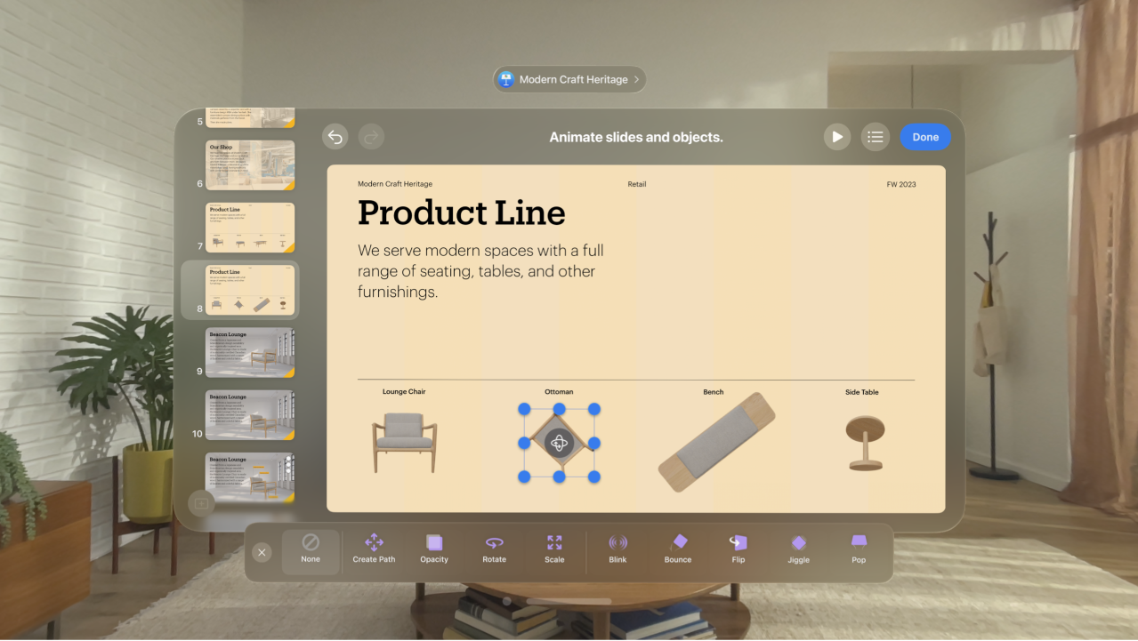 The Keynote app on Apple Vision Pro, showing the animation options for an object on a slide.