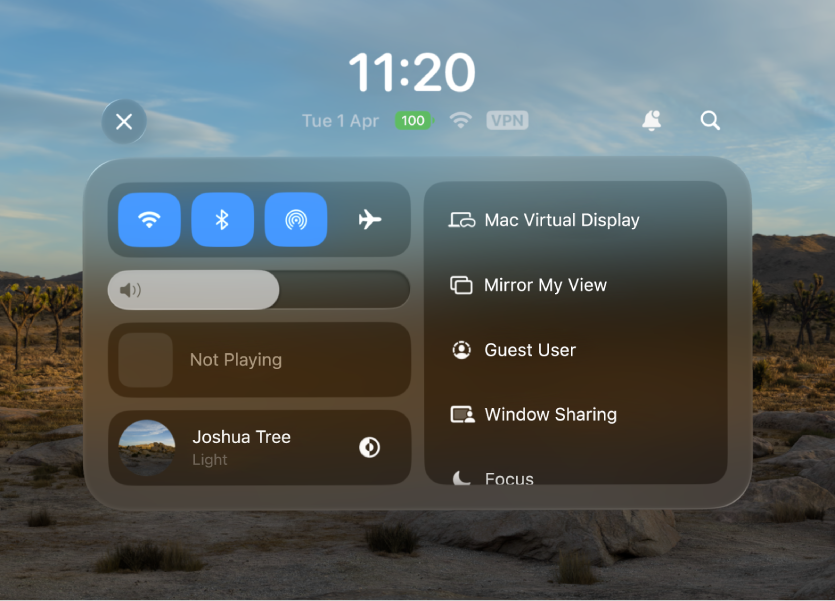 Control Centre open with a list of controls on the right side, including Siri, Mac Virtual Display, Mirror My View and Guest User.
