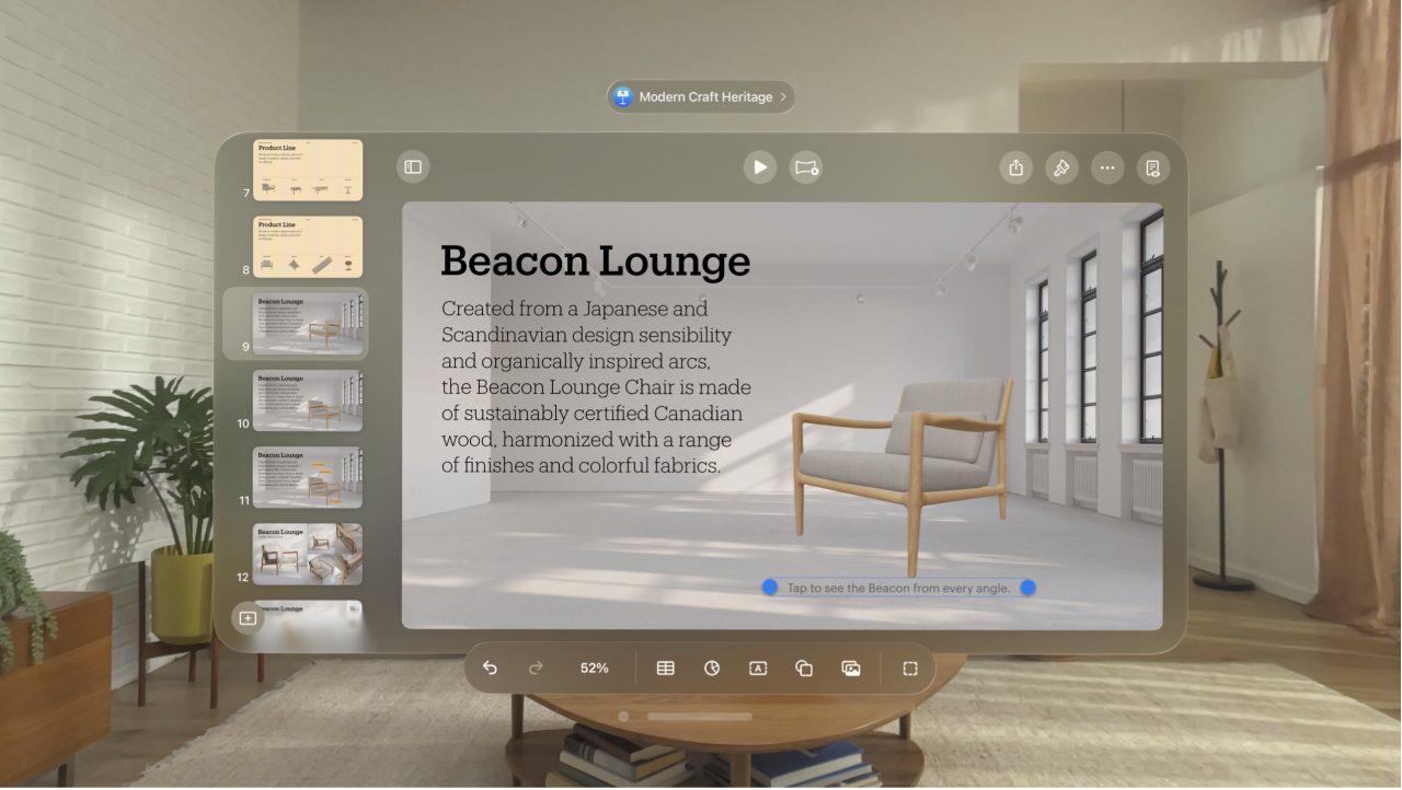 The Keynote app on Apple Vision Pro, showing an object with a caption below it.