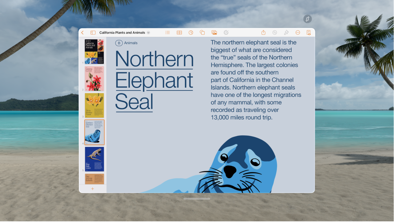 The Pages app on Apple Vision Pro, showing an open document and formatting controls at the top.