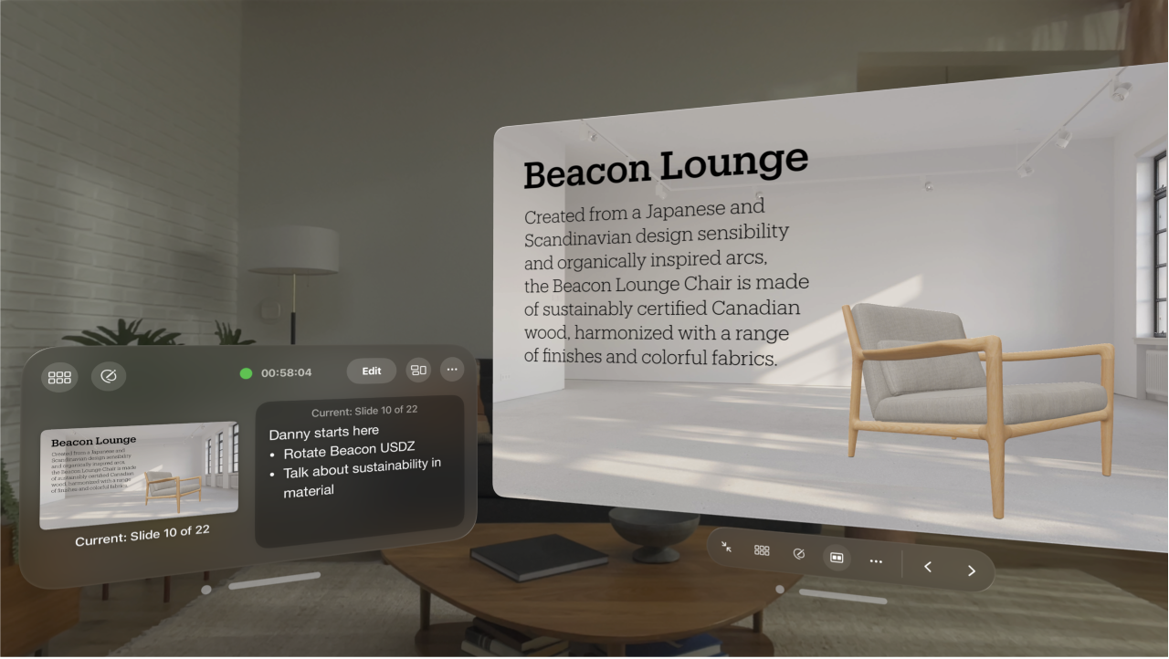 The Keynote app on Apple Vision Pro, showing a presentation playing, with the presenter display visible next to it.