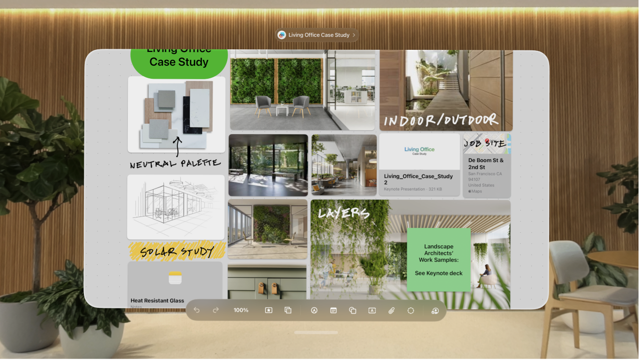 The Freeform app on Apple Vision Pro, showing an open board with the toolbar at the bottom.