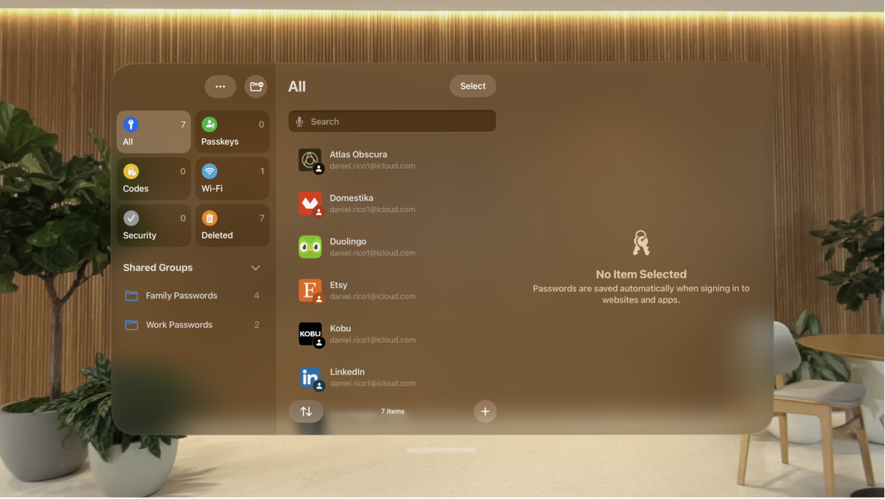 The Passwords app on Apple Vision Pro. Accounts are listed in alphabetical order.