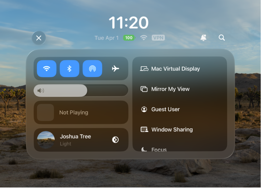 Control Center open with the battery level showing above it.
