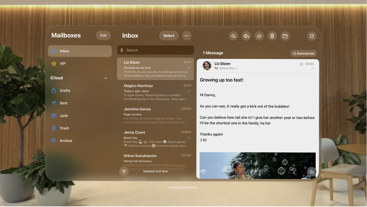 The Mail app on Apple Vision Pro, showing an open email in the inbox.