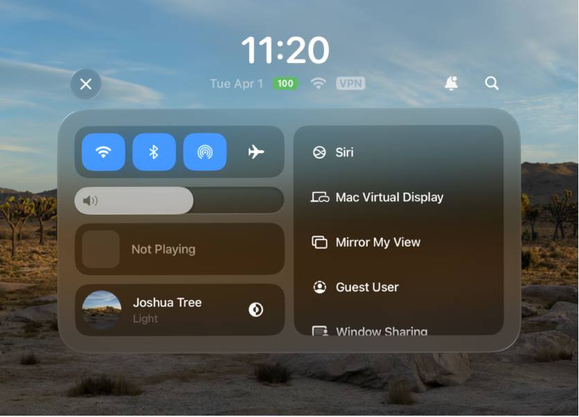 Control Center on Apple Vision Pro with the Siri button visible on the right.