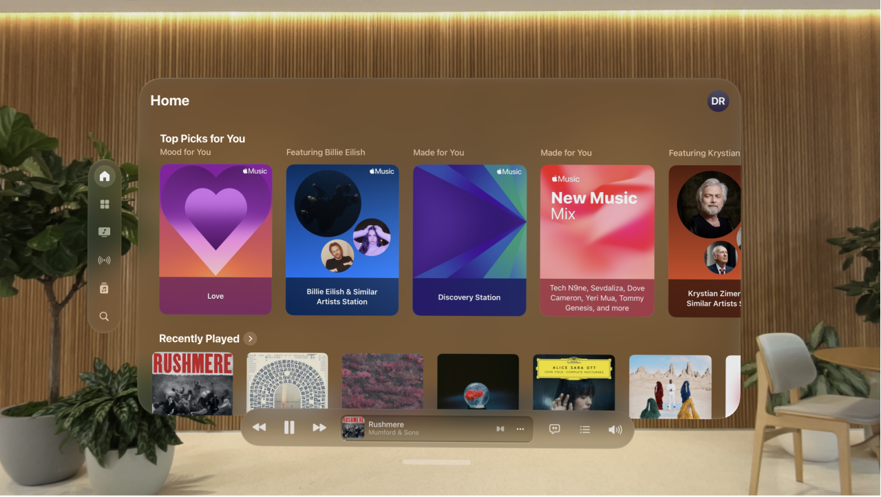 A Music app window on Apple Vision Pro, showing the player controls at the bottom of the window.