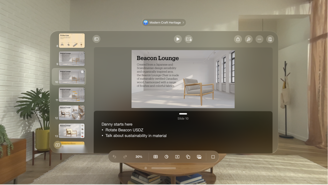 The Keynote app on Apple Vision Pro, showing presenter notes at the bottom of the app window.