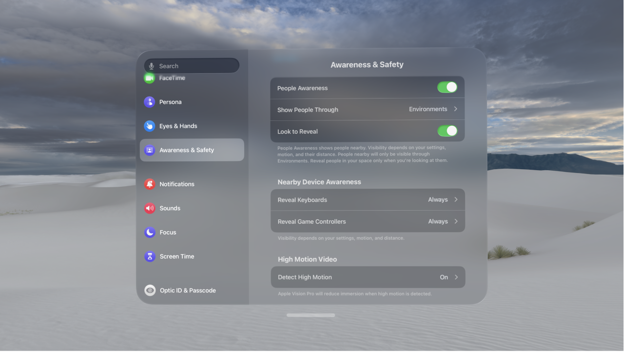 People Awareness settings on Apple Vision Pro, where you can turn People Awareness on or off, change when people are shown, turn Look to Reveal on or off, and delete your personalized EyeSight.